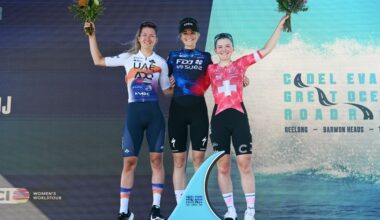 GEELONG AUSTRALIA FEBRUARY 01 LR Karlijn Swinkels of The United Kingdom and UAE Team ADQ on second place race winner Ally Wollaston of New Zealand and Team FDJ Suez and Noemi Ruegg of Switzerland and Team EF EducationOatly on third place pose on the podium ceremony after the 9th Cadel Evans Great Ocean Road Race 2025 Womens Elite a 1418km one day race from Geelong to Geelong UCIWWT on February 01 2025 in Geelong Australia Photo by Dario BelingheriGetty Images