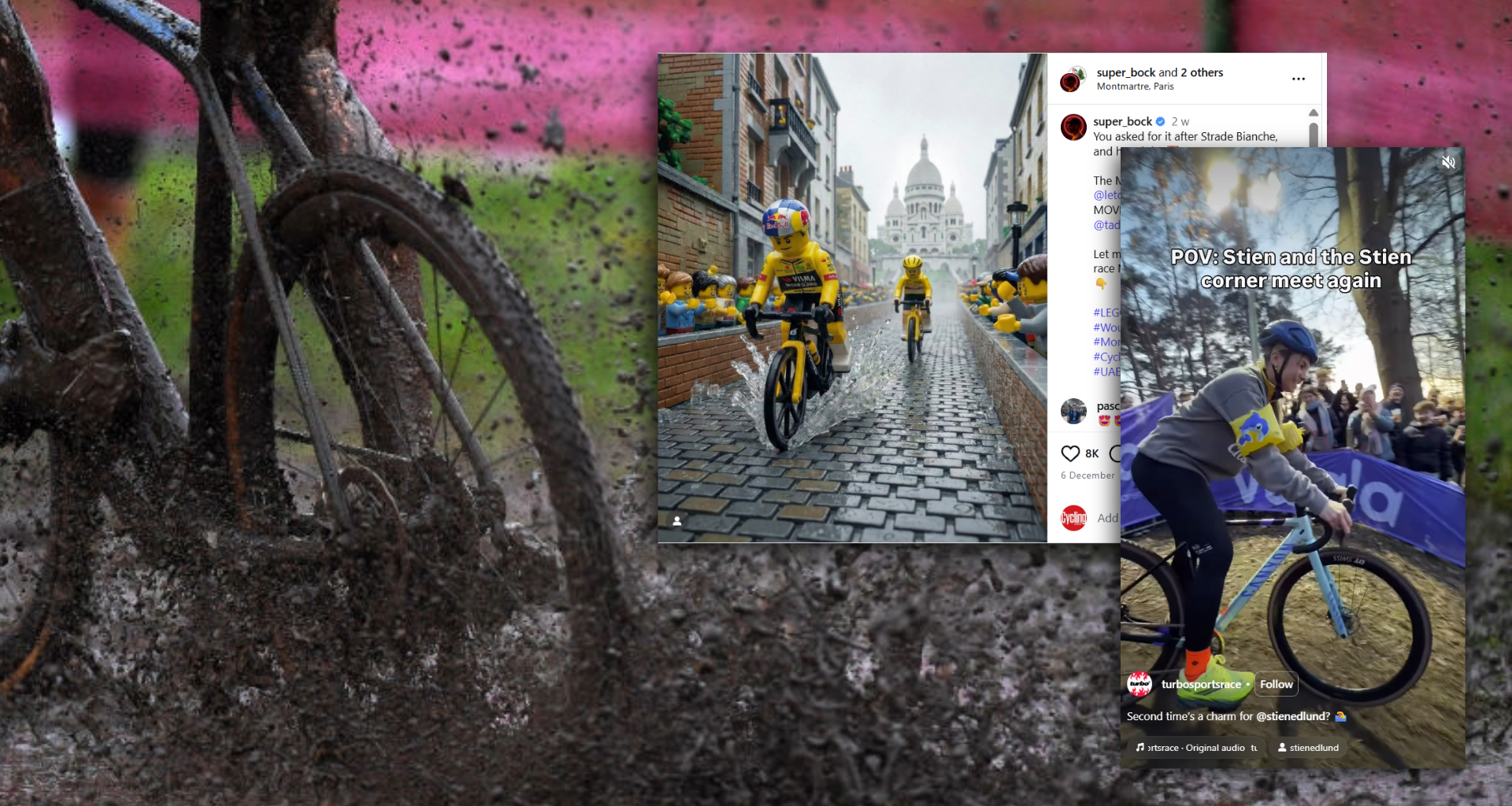 Collage of screenshotted insta pictures over a cyclocross background