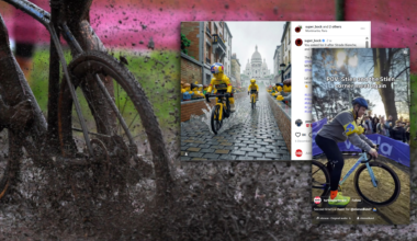 Collage of screenshotted insta pictures over a cyclocross background