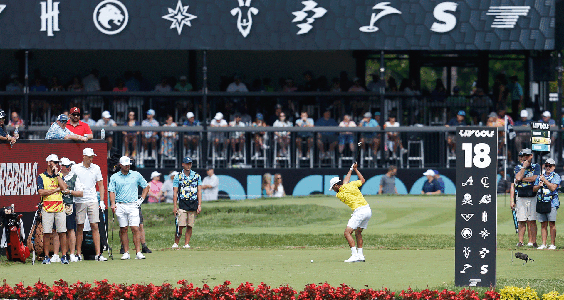 Abraham Ancer hits a tee shot during a LIV Golf League event in 2025