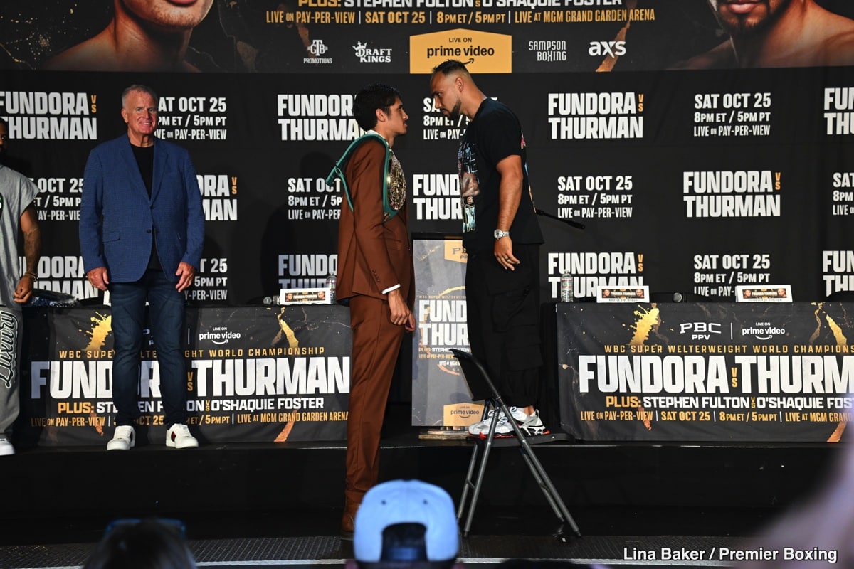 Sebastian Fundora and Keith Thurman face off during a press conference ahead of their WBC junior middleweight title fight, with the bout’s rescheduled date still undecided.