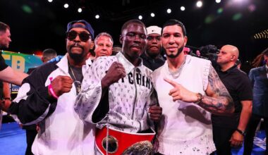 Richardson Hitchins poses with his championship belt alongside his team after defeating George Kambosos Jr. on June 14, 2025, at Madison Square Garden in New York City.