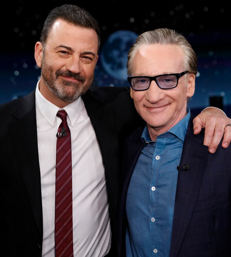 JIMMY KIMMEL LIVE!  "Jimmy Kimmel Live!" airs every weeknight at 11:35 p.m. EDT and features a diverse lineup of guests that include celebrities, athletes, musical acts, comedians and human interest subjects, along with comedy bits and a house band. The guests for Wednesday, April 13 included Bill Maher, Michelle Yeoh (Everything Everywhere All At Once), and musical guest Alec Benjamin. (Randy Holmes via Getty Images)
JIMMY KIMMEL, BILL MAHER