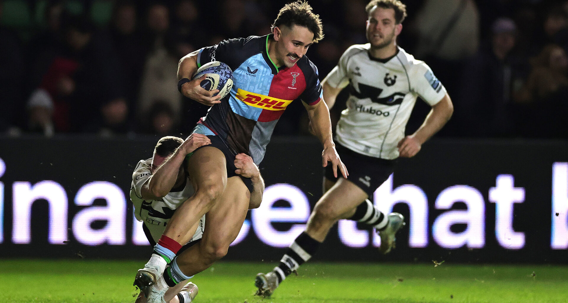 Harlequins Cadan Murley is tackled by Bristol Bears' Rich Lane during the November 2024 Gallagher PREM match