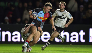 Harlequins Cadan Murley is tackled by Bristol Bears' Rich Lane during the November 2024 Gallagher PREM match