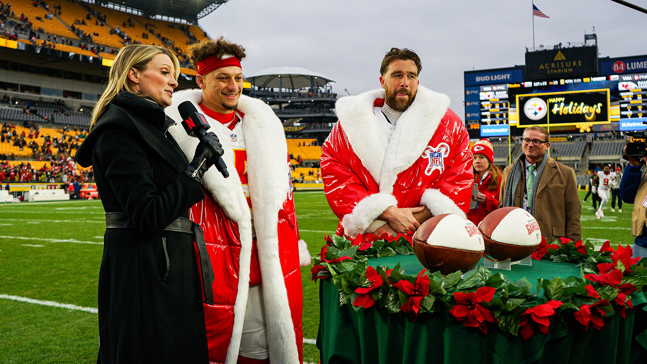 Stacey Dales interviews Kansas City Chiefs quarterback Patrick Mahomes (15) and Kansas City Chiefs tight end Travis Kelce (87) after the regular season NFL football game between the Kansas City Chiefs and Pittsburgh Steelers on December 25, 2024 at Acrisure Stadium in Pittsburgh, PA.