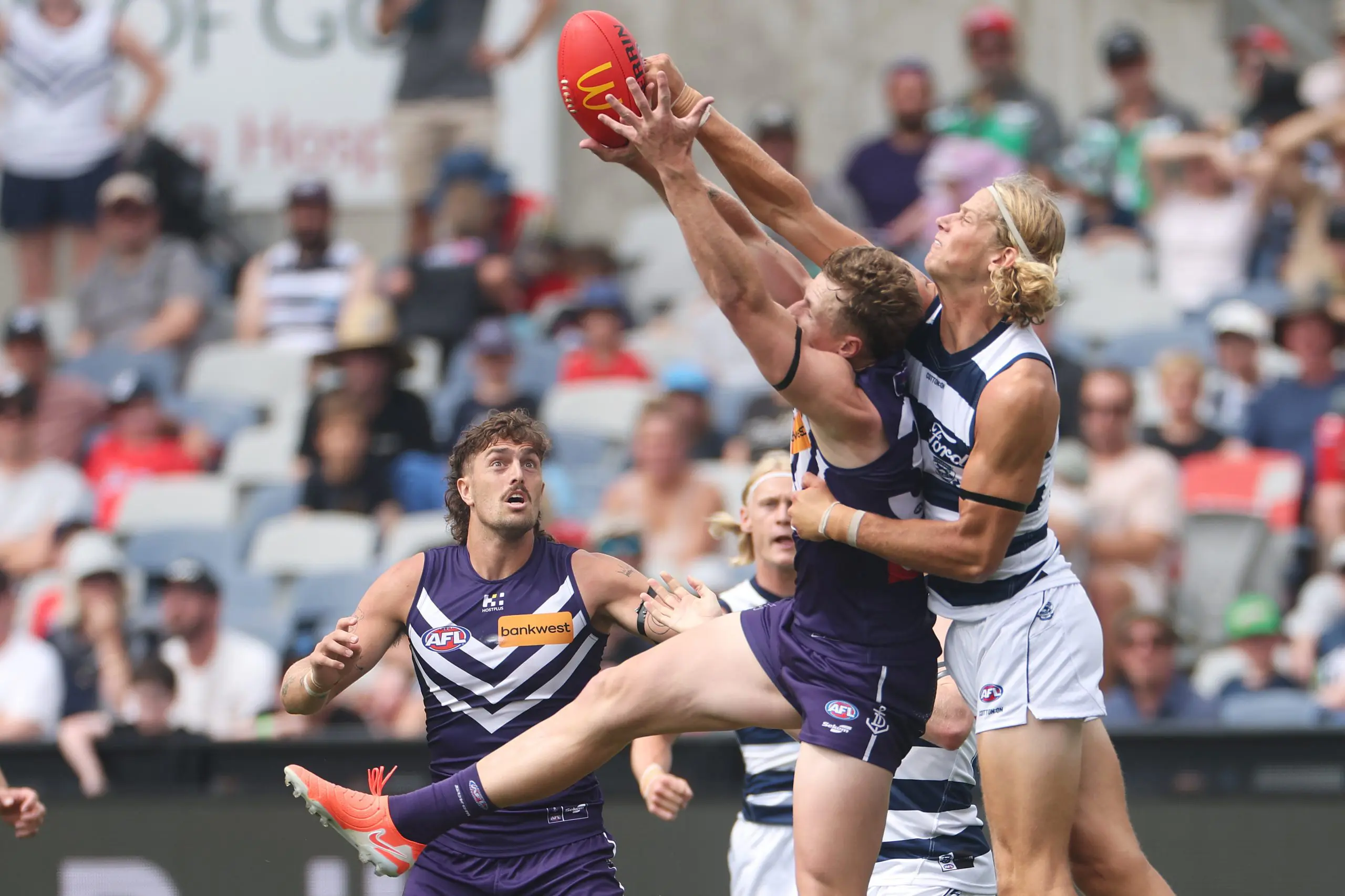 GEELONG, AUSTRALIA - MARCH 15: Sam De Koning of the Cats spoils Josh Treacy of the Dockers during the round one AFL match between Geelong Cats and Fremantle Dockers at GMHBA Stadium, on March 15, 2025, in Geelong, Australia. (Photo by Daniel Pockett/Getty Images)