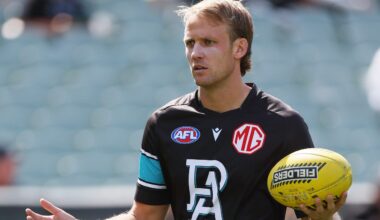 ADELAIDE, AUSTRALIA - MARCH 22: Jack Lukosius of the Power warms up during the 2025 AFL Round 02 match between the Port Adelaide Power and the Richmond Tigers at Adelaide Oval on March 22, 2025 in Adelaide, Australia. (Photo by James Elsby/AFL Photos via Getty Images)