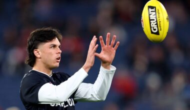 MELBOURNE, AUSTRALIA - MAY 09: Elijah Hollands of the Blues warms up ahead of the round nine AFL match between St Kilda Saints and Carlton Blues at Melbourne Cricket Ground, on May 09, 2025, in Melbourne, Australia. (Photo by Josh Chadwick/AFL Photos/Getty Images)