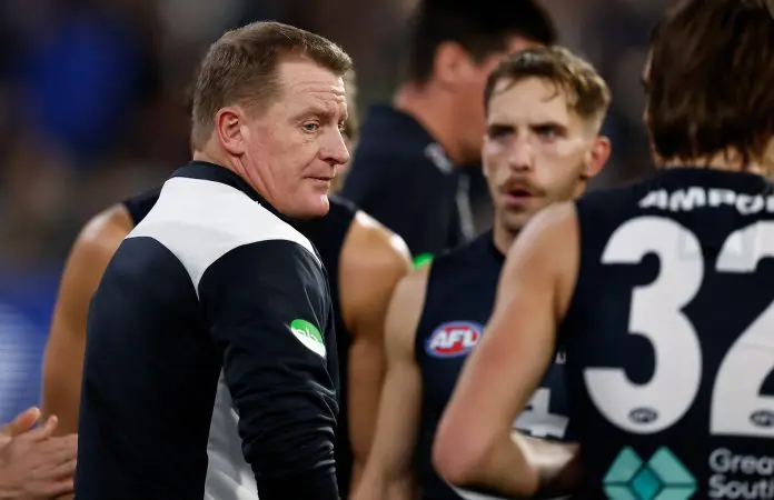 MELBOURNE, AUSTRALIA - JULY 04: Michael Voss, Senior Coach of the Blues looks on during the 2025 AFL Round 17 match between the Carlton Blues and the Collingwood Magpies at the Melbourne Cricket Ground on July 4, 2025 in Melbourne, Australia. (Photo by Michael Willson/AFL Photos via Getty Images)
