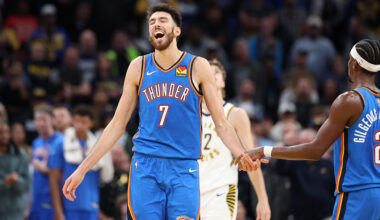 INDIANAPOLIS, INDIANA - OCTOBER 23: Chet Holmgren #7 of the Oklahoma City Thunder celebrates during the 141-135 2OT win against the Indiana Pacers at Gainbridge Fieldhouse on October 23, 2025 in Indianapolis, Indiana. NOTE TO USER: User expressly acknowledges and agrees that, by downloading and or using this photograph, User is consenting to the terms and conditions of the Getty Images License Agreement (Photo by Andy Lyons/Getty Images)
