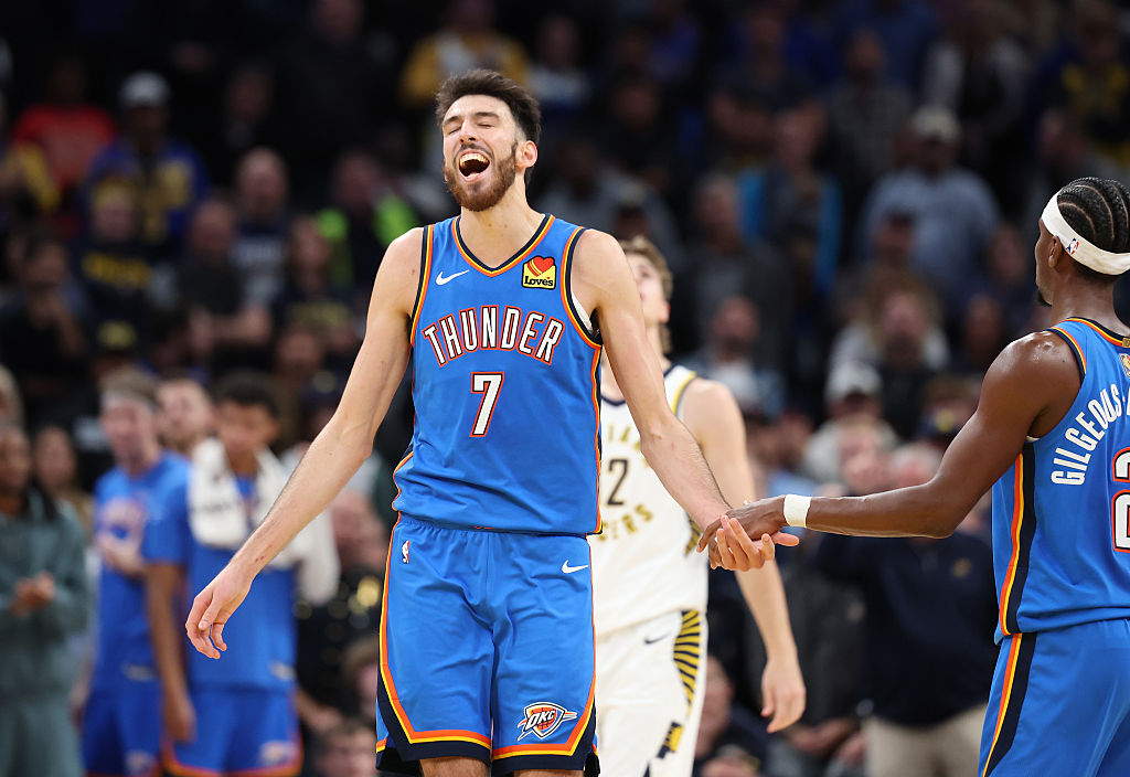 INDIANAPOLIS, INDIANA - OCTOBER 23: Chet Holmgren #7 of the Oklahoma City Thunder celebrates during the 141-135 2OT win against the Indiana Pacers at Gainbridge Fieldhouse on October 23, 2025 in Indianapolis, Indiana. NOTE TO USER: User expressly acknowledges and agrees that, by downloading and or using this photograph, User is consenting to the terms and conditions of the Getty Images License Agreement (Photo by Andy Lyons/Getty Images)