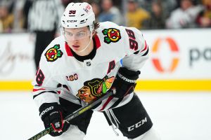 LAS VEGAS, NEVADA - DECEMBER 02: Connor Bedard #98 of the Chicago Blackhawks looks on during the second period against the Vegas Golden Knights at T-Mobile Arena on December 02, 2025 in Las Vegas, Nevada. (Photo by Jeff Bottari/NHLI via Getty Images)