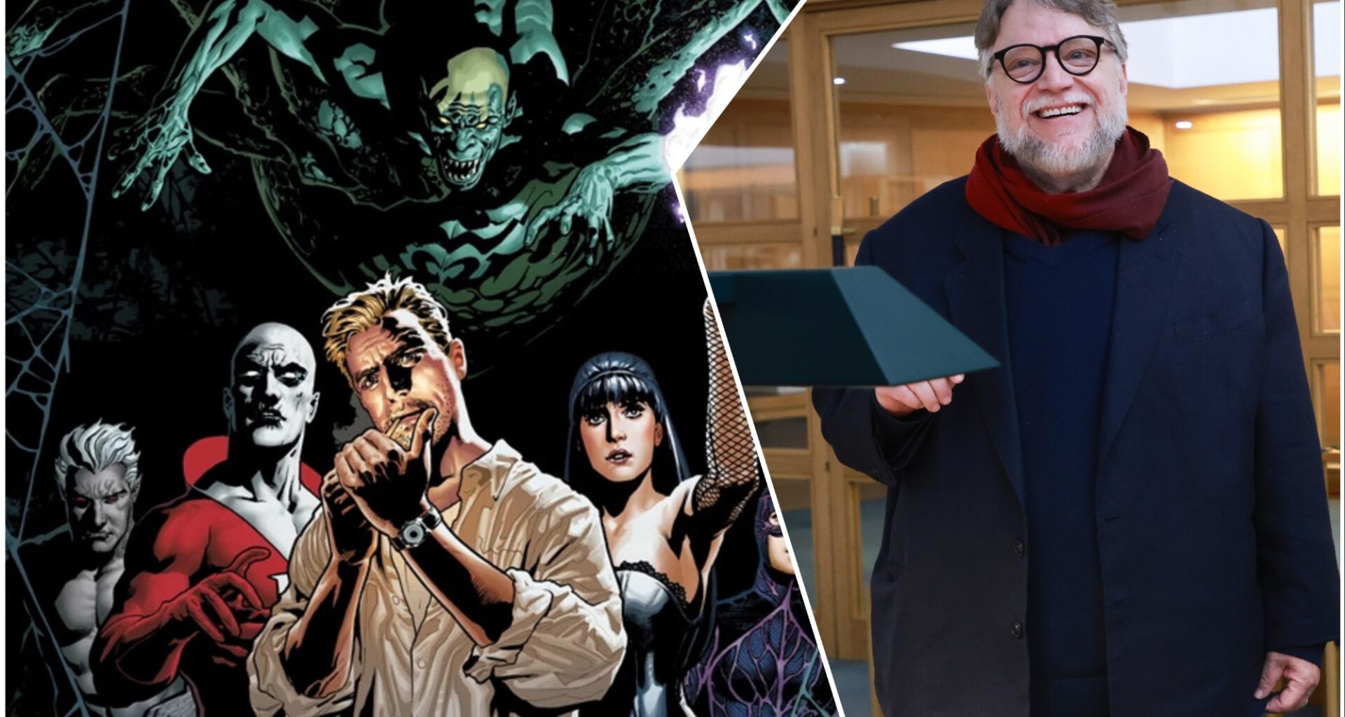 A split image featuring comic book characters from 'Justice League Dark' on the left, showing a group of supernatural heroes, and Guillermo del Toro on the right, smiling while holding a book in a library setting.