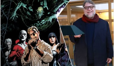 A split image featuring comic book characters from 'Justice League Dark' on the left, showing a group of supernatural heroes, and Guillermo del Toro on the right, smiling while holding a book in a library setting.