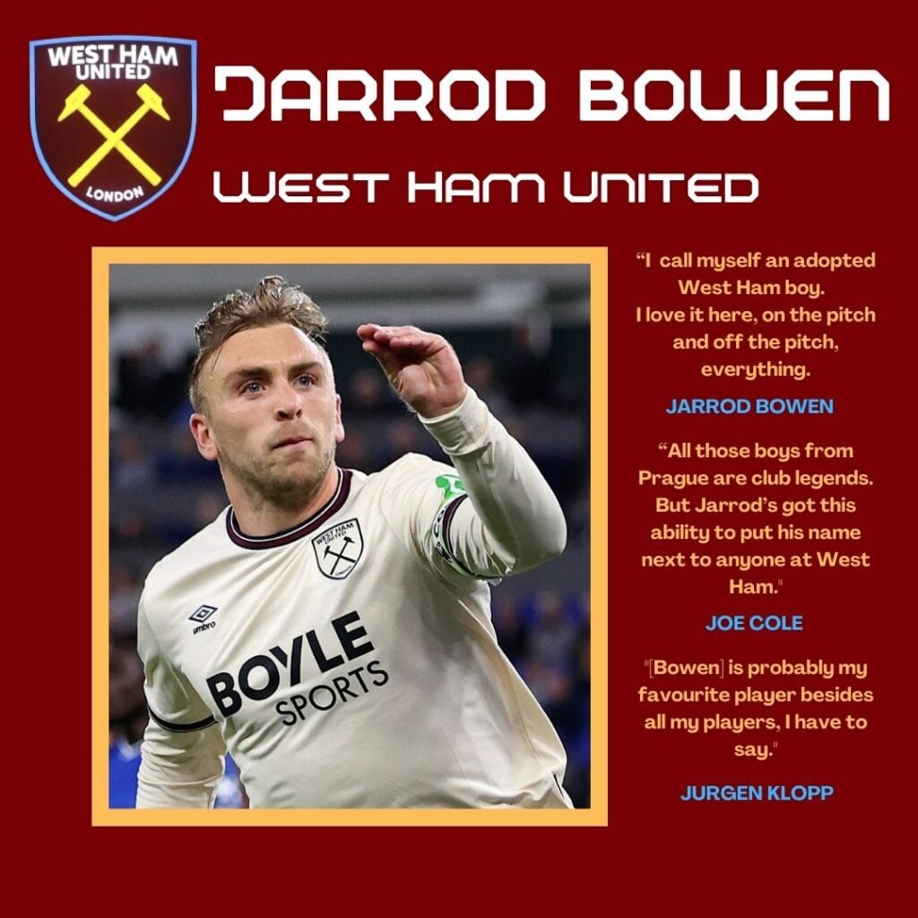 Jarrod Bowen of West Ham United celebrates the equalizing goal during the Premier League match between Everton and West Ham United at Hill Dickinson Stadium on September 29, 2025 in Liverpool, England. Fans walk past the West Ham United club badge / crest before the Premier League match between West Ham United and Chelsea at London Stadium on March 6, 2017 in Stratford, England.