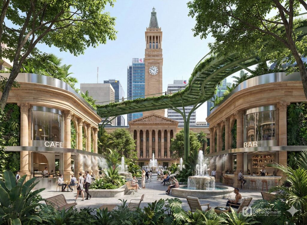 Architectural rendering of a reimagined King George Square featuring new classical pavilions for dining, lush planting, active water features and an elevated garden walk aligned with the Brisbane City Hall clock tower.