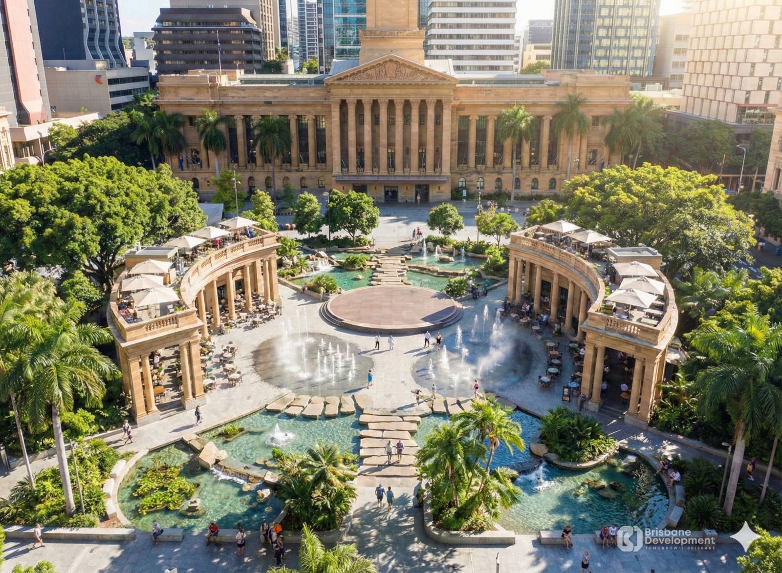 Concept rendering of a King George Square redesign showing water gardens, stepped pools, fountains and curved café terraces in front of Brisbane City Hall.