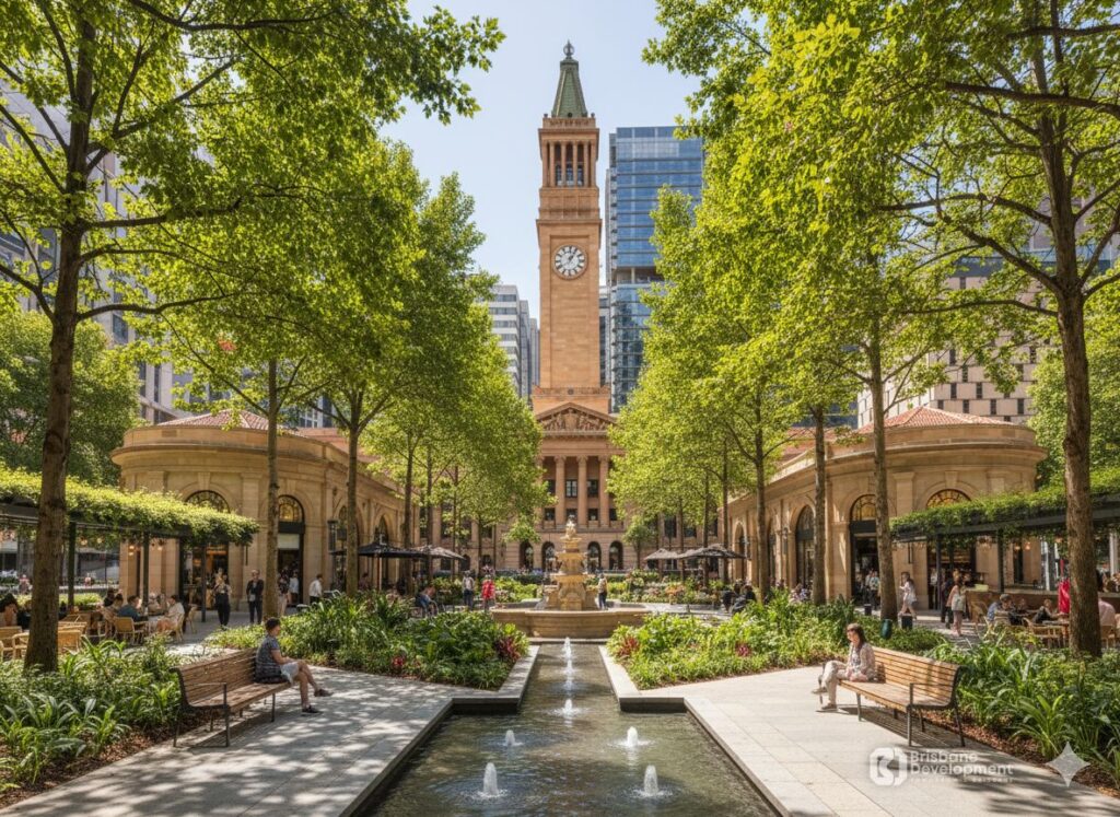 Concept image of the proposed City Hall Gardens concept for King George Square showing new classical style pavilions, a tree lined avenue, and a central water feature designed to complement City Hall’s architecture.