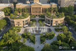 Architectural rendering of the City Hall Heritage Fountains concept showing curved sandstone pavilions, rooftop planting and a redesigned central fountain plaza.