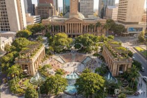 Architectural rendering of the City Hall Heritage Fountains concept illustrating a stepped amphitheatre layout, integrated water features and landscaped pavilions framing the civic forecourt.
