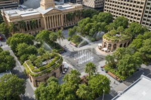 Architectural rendering of the City Hall Heritage Fountains concept highlighting the reconfigured plaza with upgraded water play elements, expanded greenery and rooftop terraces overlooking the square.
