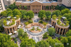 Architectural rendering of the City Hall Heritage Fountains concept featuring tiered seating terraces, water cascades and activated pavilion structures alongside dense subtropical planting.