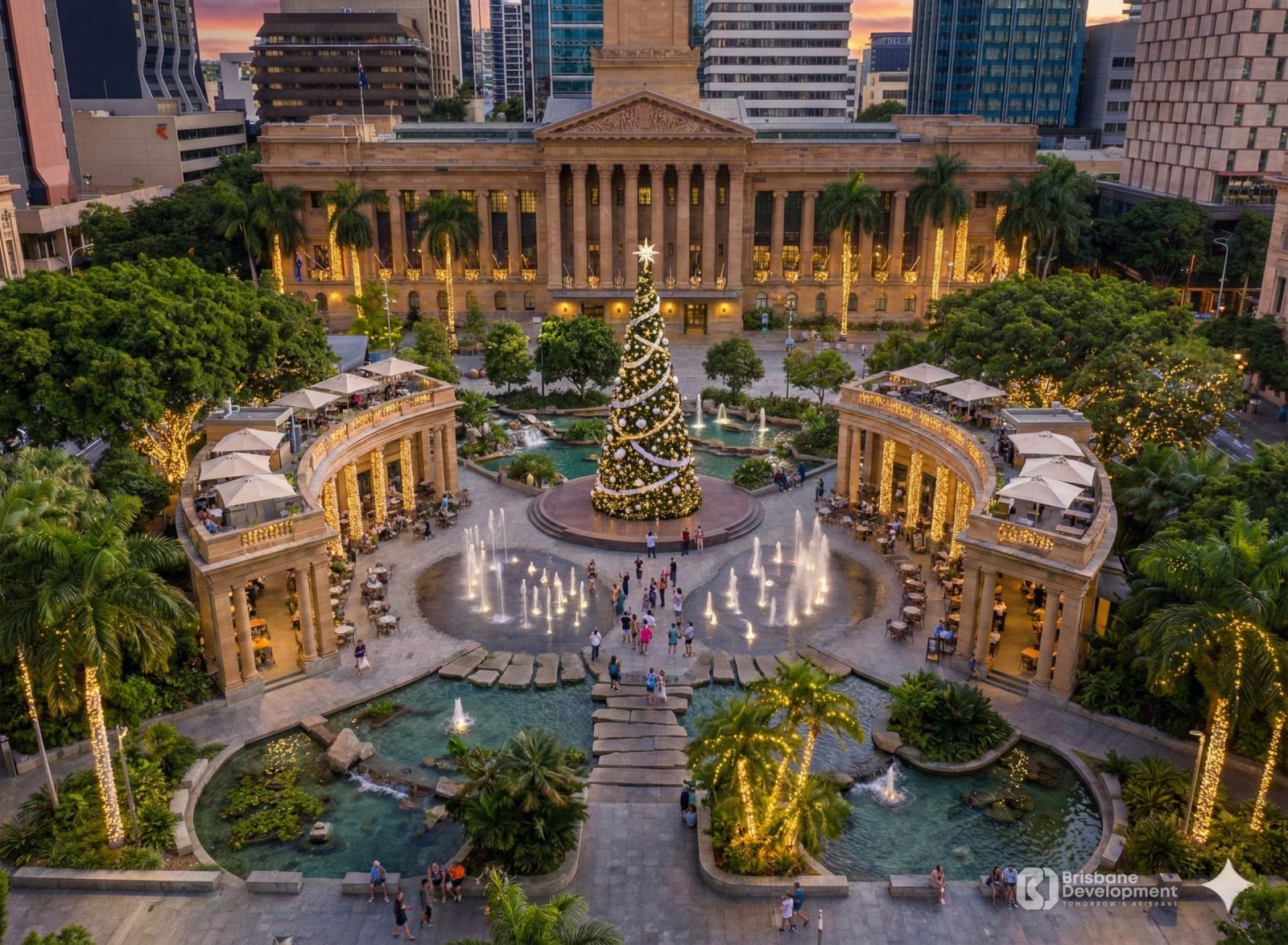 Concept rendering of a King George Square redesign showing water gardens, stepped pools, fountains, Christmas Tree and curved café terraces in front of Brisbane City Hall.