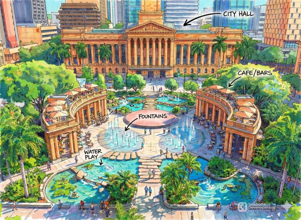 Conceptual sketch of a new King George Square highlighting water play areas, central fountains, café terraces and the City Hall frontage.