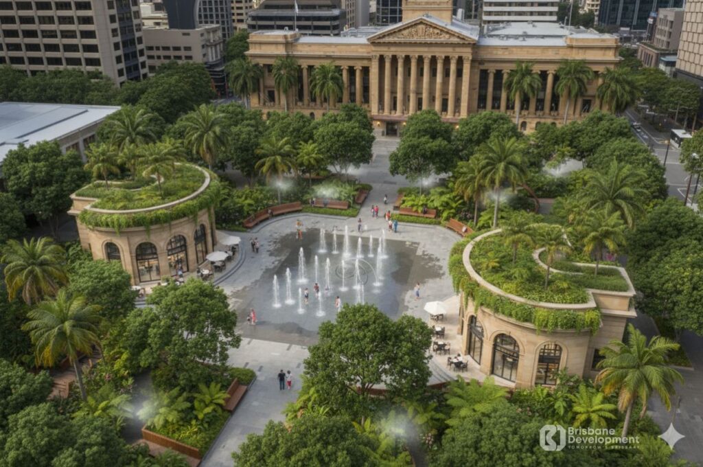 Gemini concept image of King George Square’s proposed pavilion design with fountains and rooftop gardens facing Brisbane City Hall.