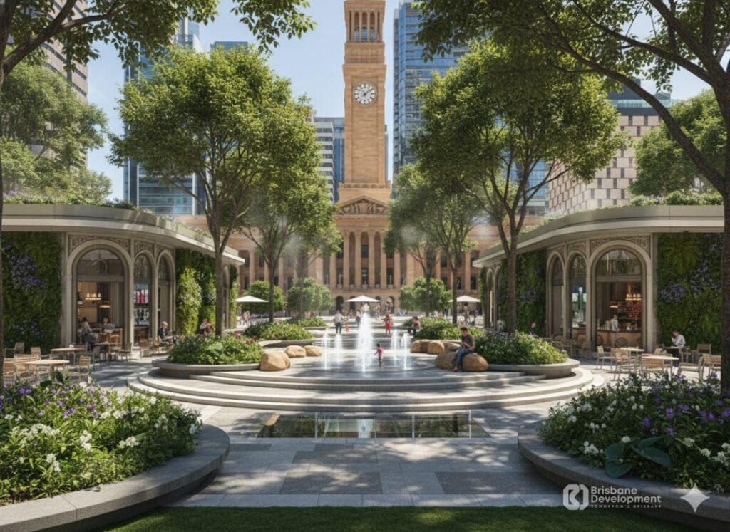 Architectural rendering of the proposed Garden Pavilion Square concept for King George Square showing arched pavilion buildings with green façades, central fountains, and lush subtropical planting designed to complement City Hall.