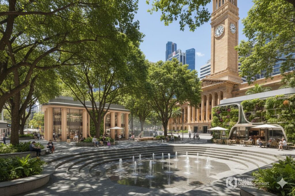Architectural rendering of the proposed Civic Terraces concept for King George Square showing shaded mature trees, tiered seating around a circular fountain, and heritage inspired pavilions integrated with green walls beside City Hall.