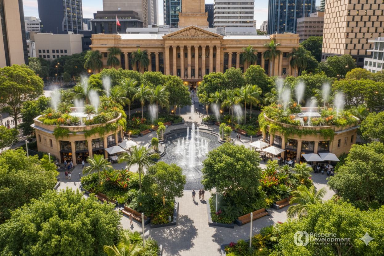 Architectural rendering of the proposed City Hall Heritage Fountains concept illustrating the reimagined plaza with dense subtropical planting, pavilion structures and a redesigned central fountain area.
