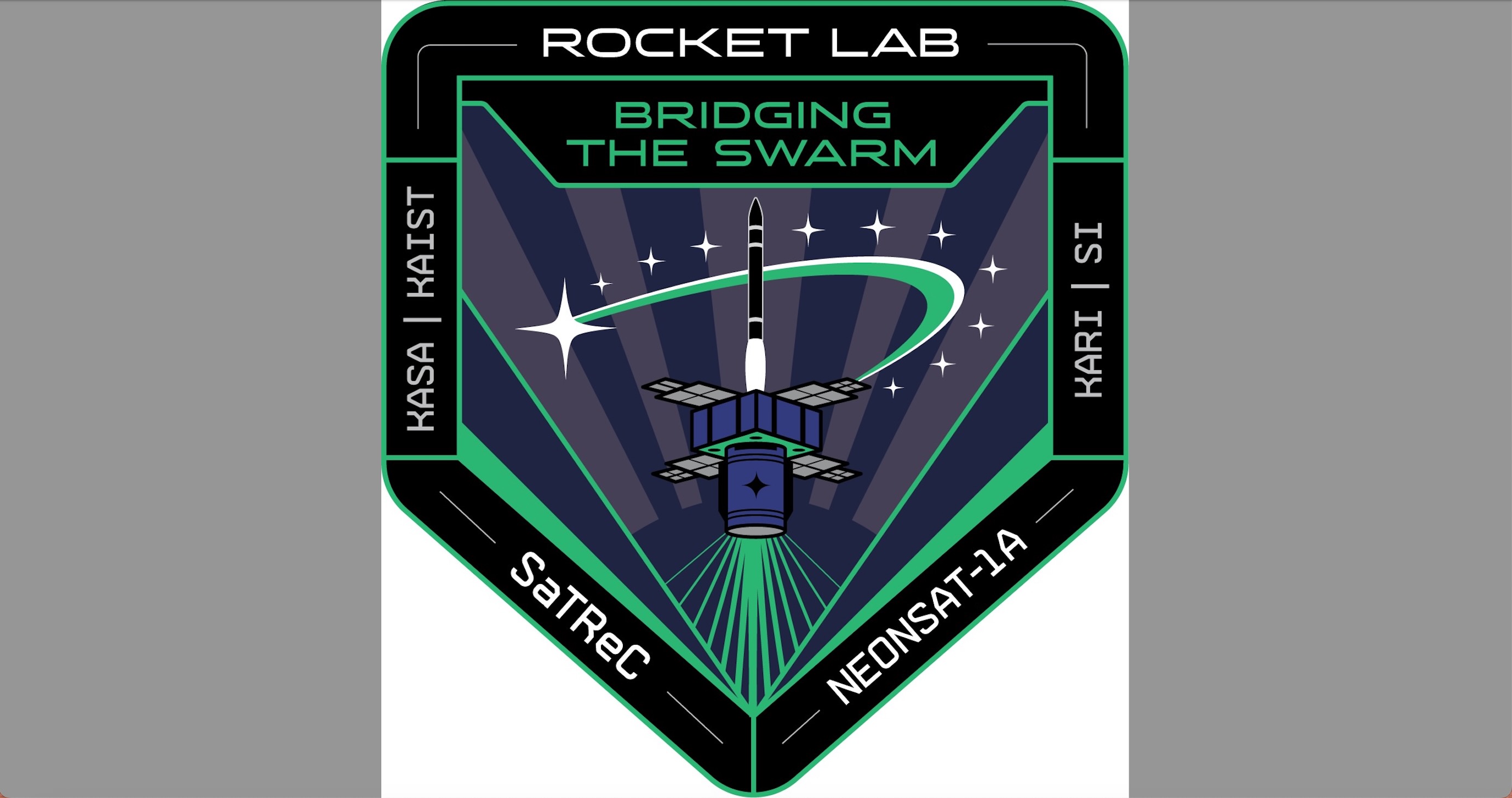 a pentagonal space mission patch, with the words "rocket lab" and "bridging the swarm" near the top
