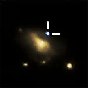 AT 2024wpp, a luminous fast blue optical transient, or LFBOT, is the bright blue spot at the upper right edge of its host galaxy, which is 1.1 billion light-years from Earth. Credit: Aidan Martas/UC Berkeley