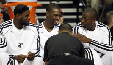 Oct 10, 2013; Auburn Hills, MI, USA; Miami Heat small forward LeBron James (left) power forward Chris Bosh (middle) and shooting guard Dwyane Wade (right) during the third quarter against the Detroit Pistons at The Palace of Auburn Hills. Heat beat the Pistons 112-107. Mandatory Credit: Raj Mehta-USA TODAY Sports