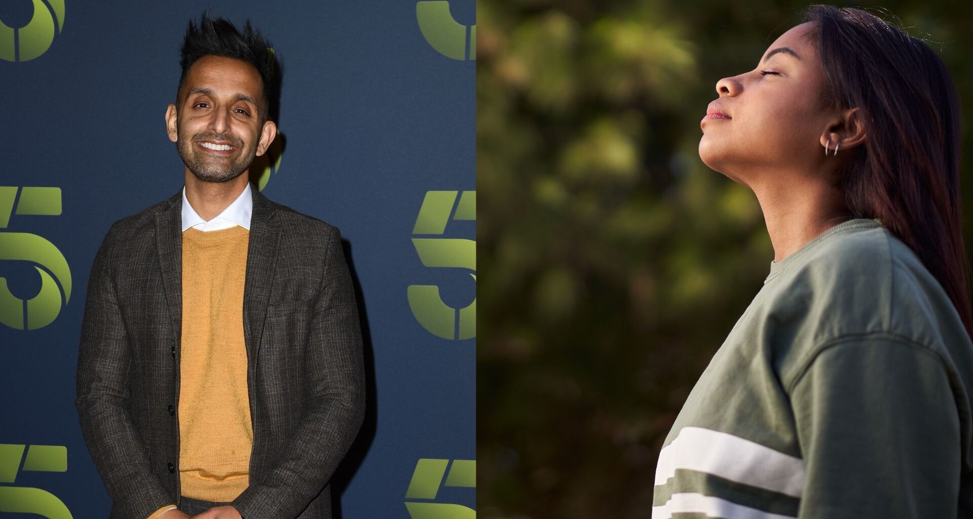 Dr Amir Khan next to woman doing box breathing outside