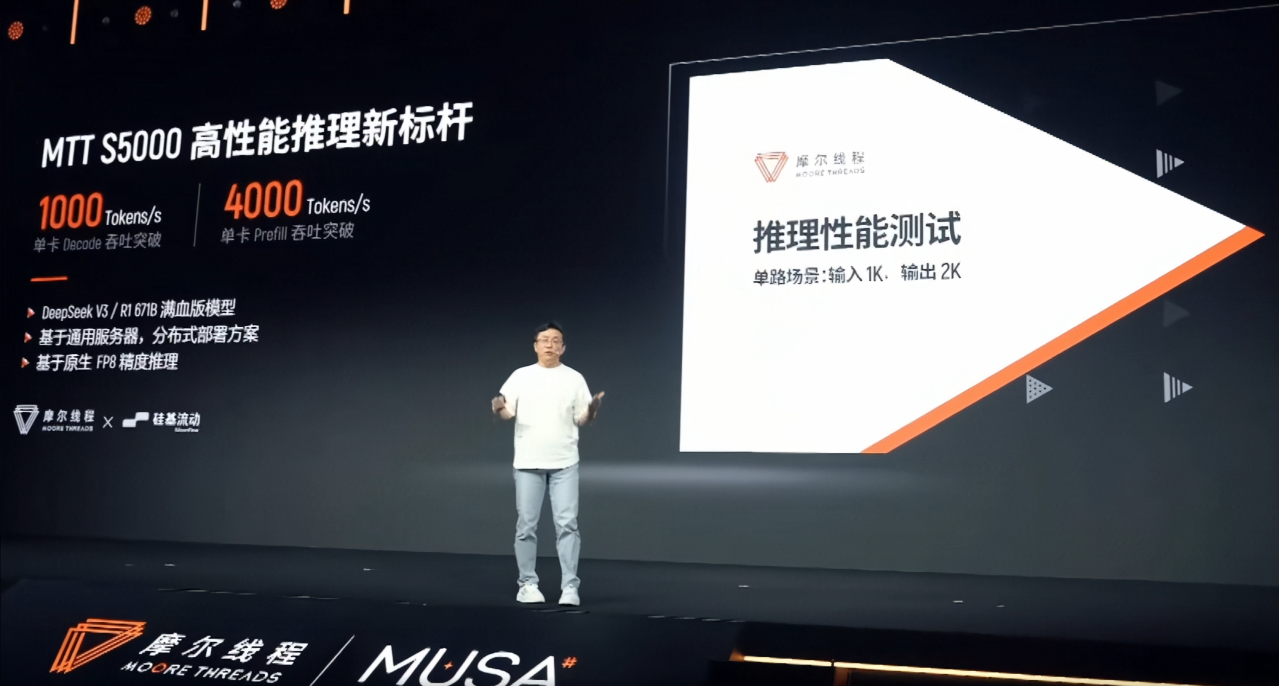 A presenter on stage showcases the Moore Threads MTT S5000 with performance metrics highlighting '1000 Tokens/s' for decode and '4000 Tokens/s' for prefill.