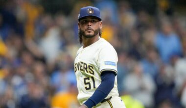 Milwaukee Brewers pitcher Freddy Peralta walks to the dugout after the top of the fifth inning in Game 2 of baseball's National League Championship Series against the Los Angeles Dodgers, Tuesday, Oct. 14, 2025, in Milwaukee.