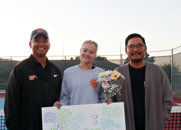 Woodbridge senior Lisa Polkanova, pictured with coach Ryan Sabado, left, and Tony Lin is the Orange County girls tennis player of the year for 2025. (Courtesy of Madyson Miao)