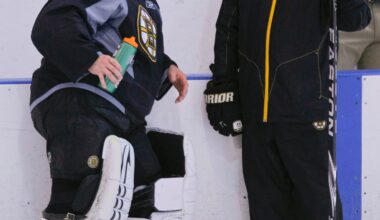 Bruins goalie coach Bob Essensa works with Tim Thomas in 2011, who is one of three different goalies he has coached during their Vezina Trophy-winning seasons.