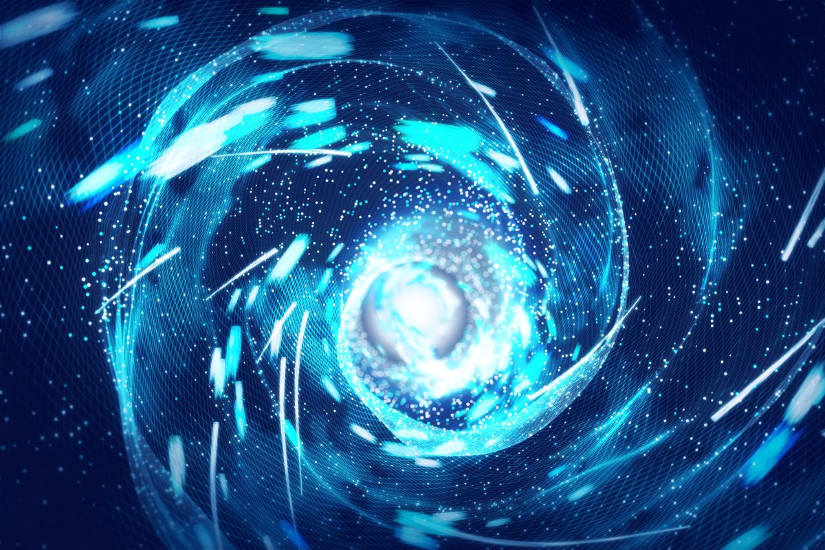 Giant mesh tunnel with swirling particles flowing on a dark blue background.