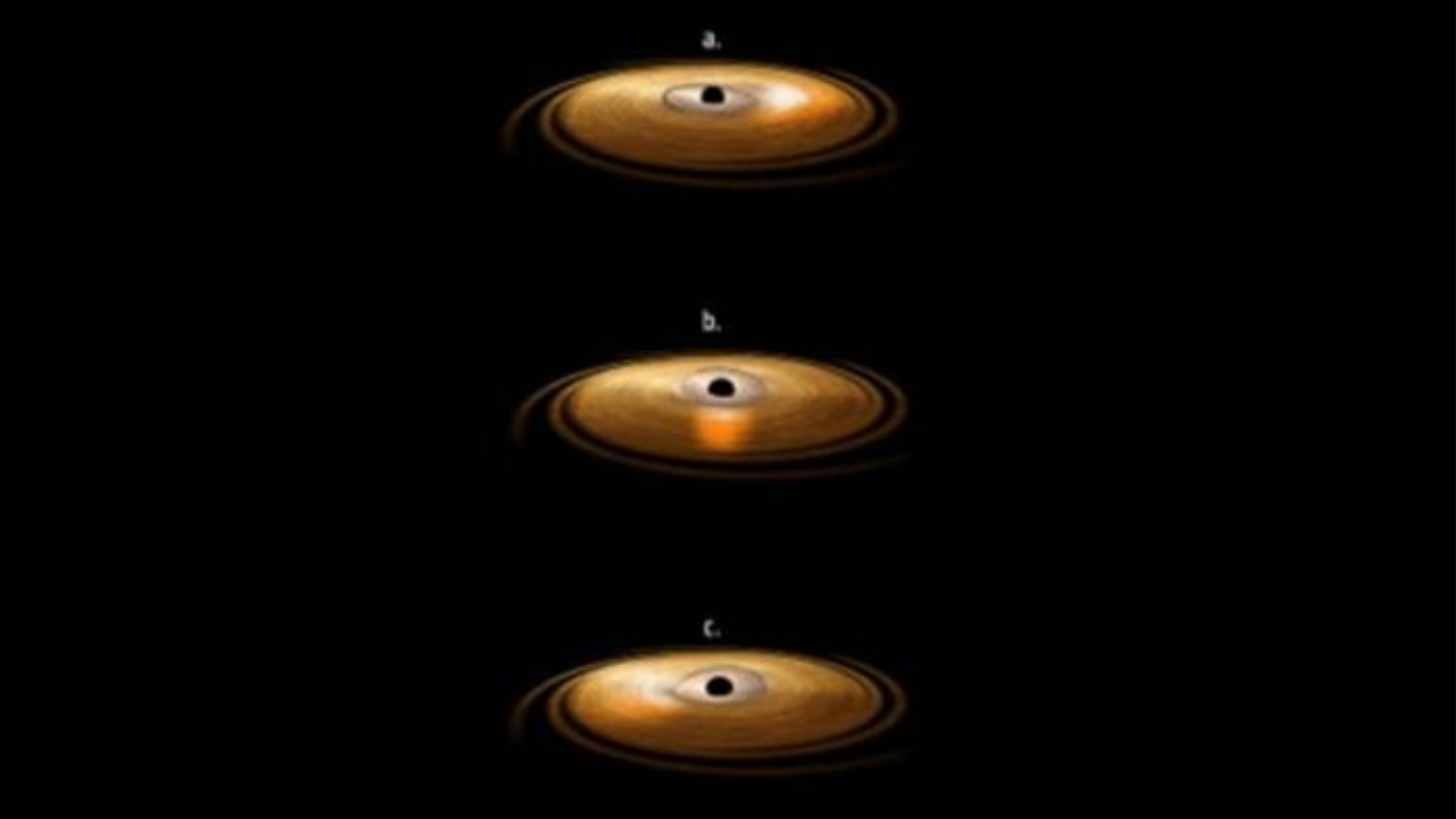 An illustration showing the accretion disc surrounding a black hole, in which the inner region of the disc wobbles.