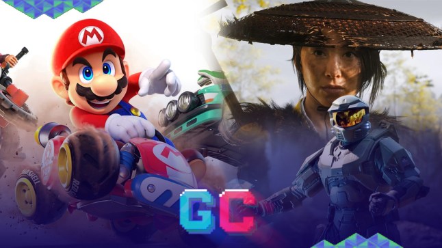 GameCentral collage of Mario Kart, Ghost of Yotei, and Halo