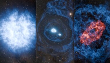 Superkilonova: 3 panels: Round blue-white explosion, 2 glowing bodies inside a thin round shell, and red explosion.