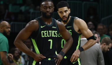 Feb 28, 2025; Boston, Massachusetts, USA; Boston Celtics guard Jaylen Brown (7) and forward Jayson Tatum (0) stand on the court during a timeout during the second half of their loss to the Cleveland Cavaliers at TD Garden. Mandatory Credit: Winslow Townson-Imagn Images