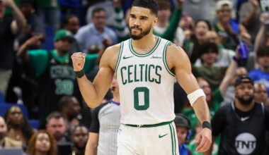 Apr 27, 2025; Orlando, Florida, USA; Boston Celtics forward Jayson Tatum (0) reacts after beating the Orlando Magic in game four of first round for the 2025 NBA Playoffs at Kia Center. Mandatory Credit: Nathan Ray Seebeck-Imagn Images