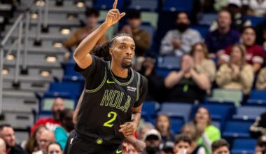 Dec 11, 2025; New Orleans, Louisiana, USA; New Orleans Pelicans forward Herbert Jones (2) reacts to making a basket against the Portland Trail Blazers during the first half at Smoothie King Center. Mandatory Credit: Stephen Lew-Imagn Images