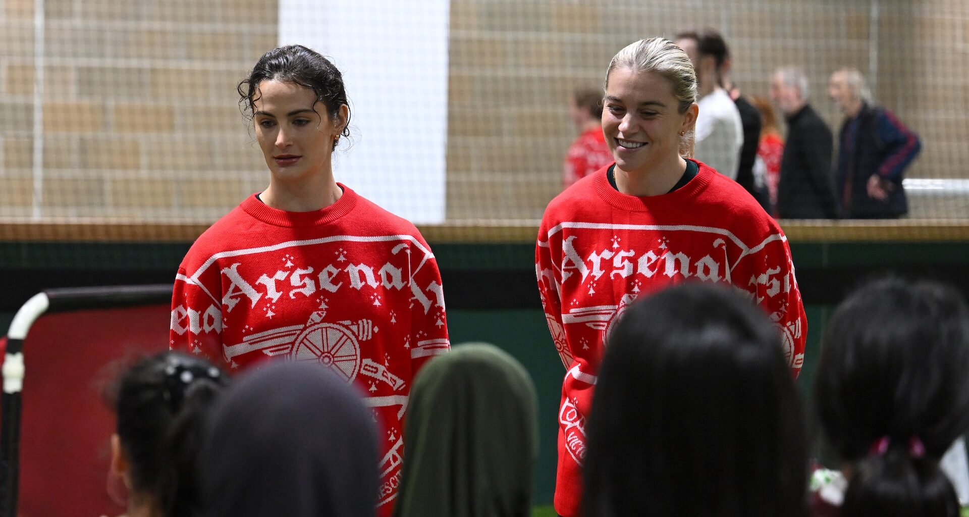 Arsenal's Emily Fox and Alessia Russo visit at the Community Hub at Emirates Stadium.