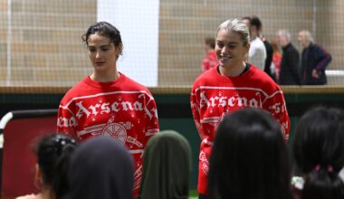 Arsenal's Emily Fox and Alessia Russo visit at the Community Hub at Emirates Stadium.